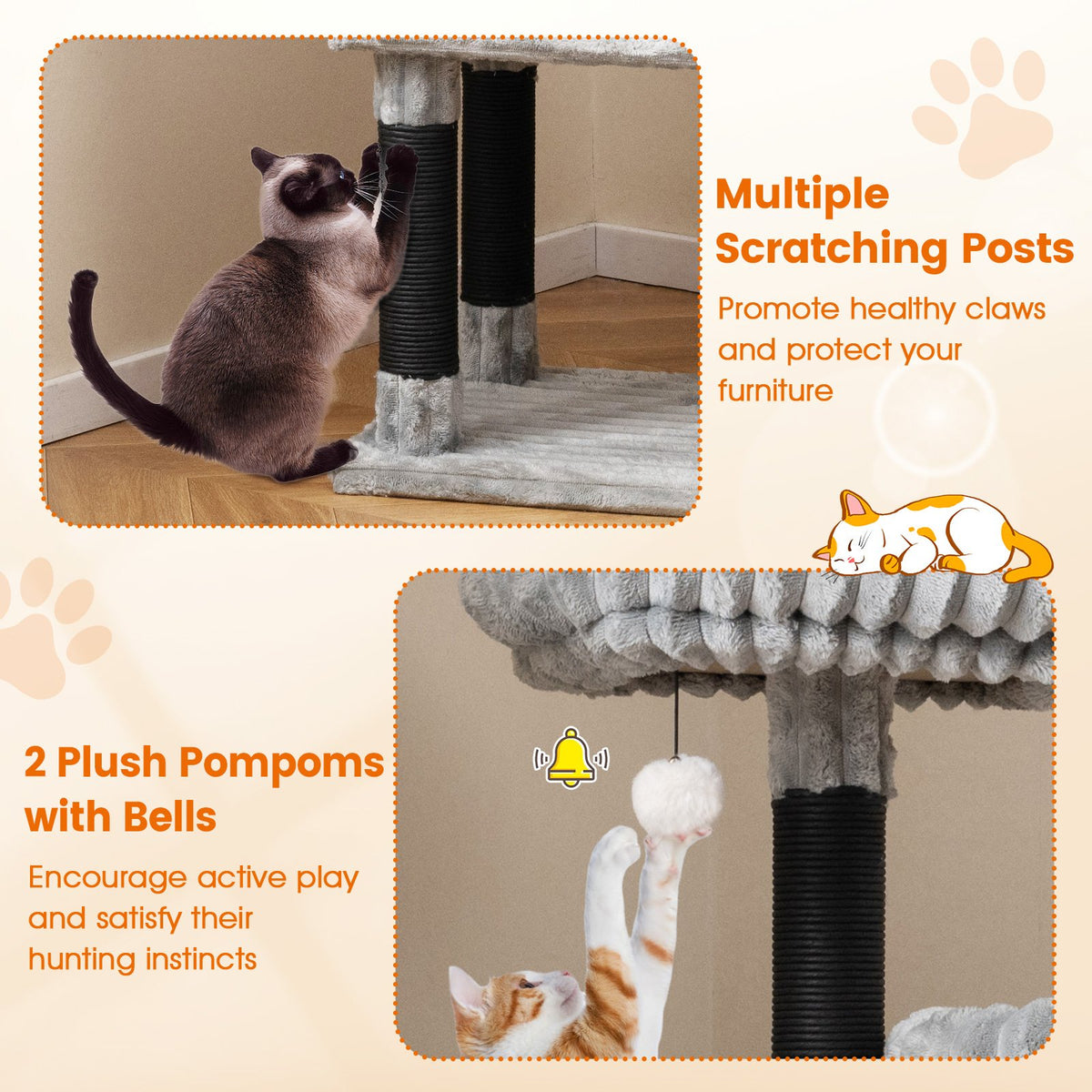 62 Inch Tall Cat Tower with Scratching Posts and Soft Flannel Covering-Light Gray view 9