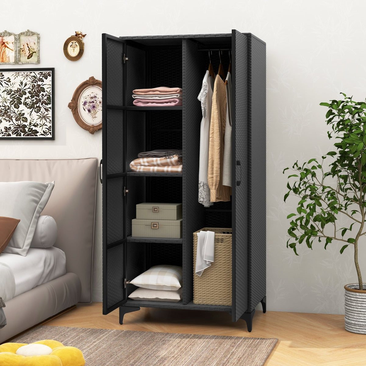 62 Inch Wicker Wardrobe with 2 Doors PE Rattan Closet with Hanging Rod-Black view 3