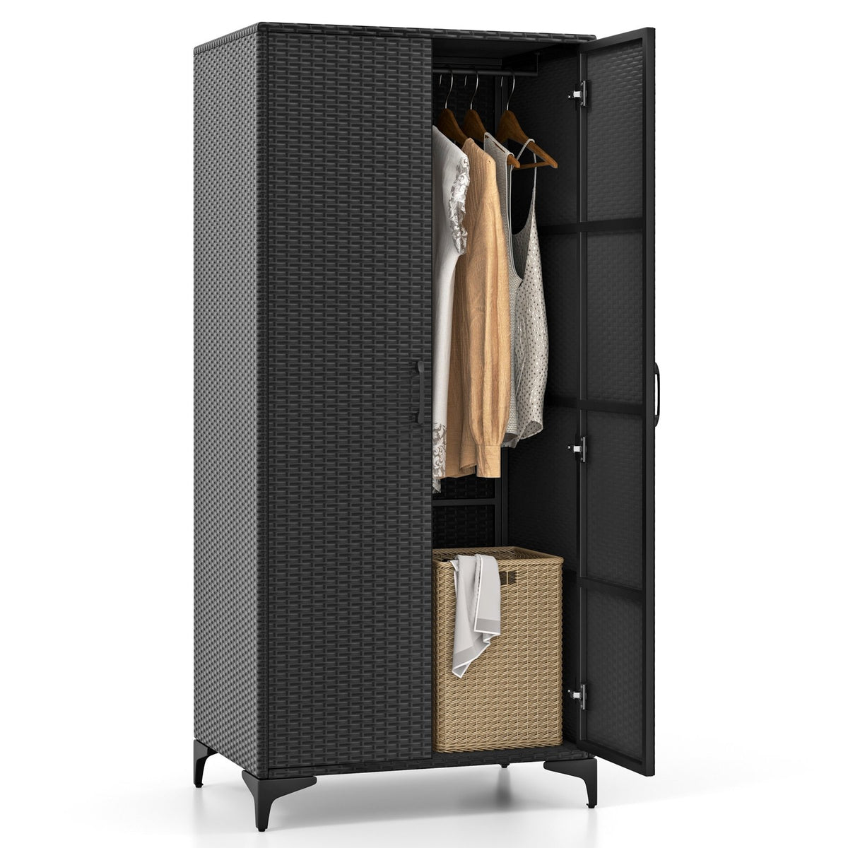 62 Inch Wicker Wardrobe with 2 Doors PE Rattan Closet with Hanging Rod-Black view 4