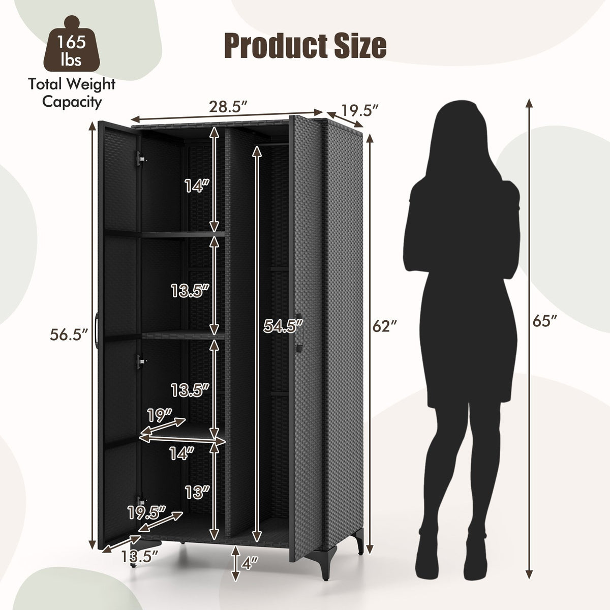 62 Inch Wicker Wardrobe with 2 Doors PE Rattan Closet with Hanging Rod-Black view 5