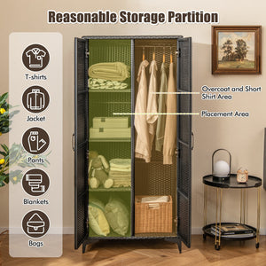 62 Inch Wicker Wardrobe with 2 Doors PE Rattan Closet with Hanging Rod-Black view 6