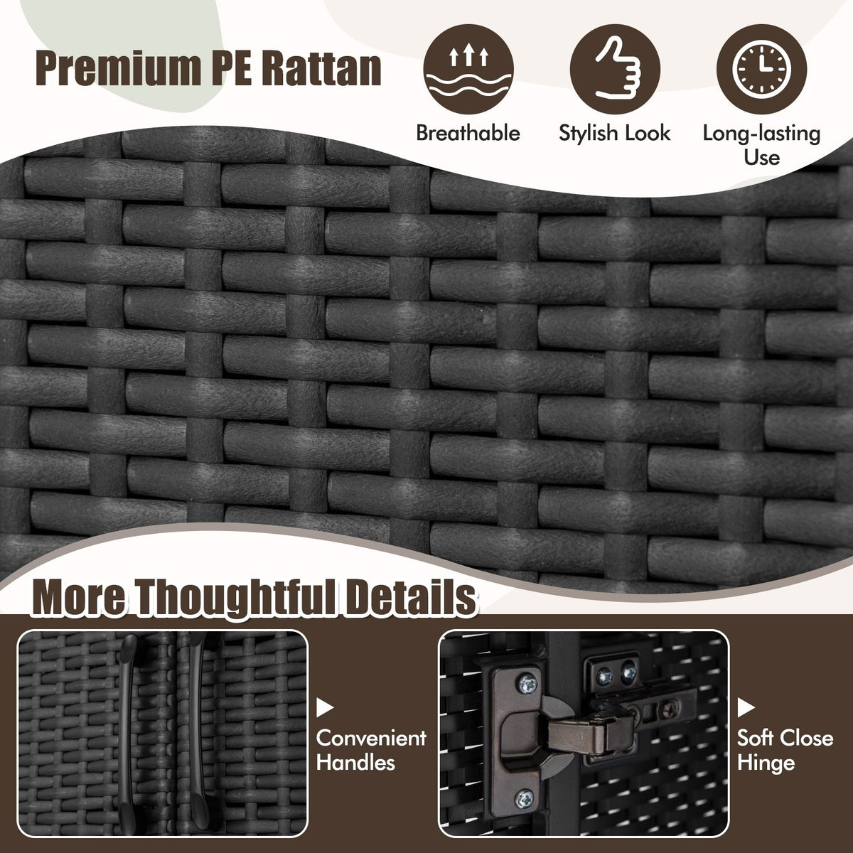 62 Inch Wicker Wardrobe with 2 Doors PE Rattan Closet with Hanging Rod-Black view 8