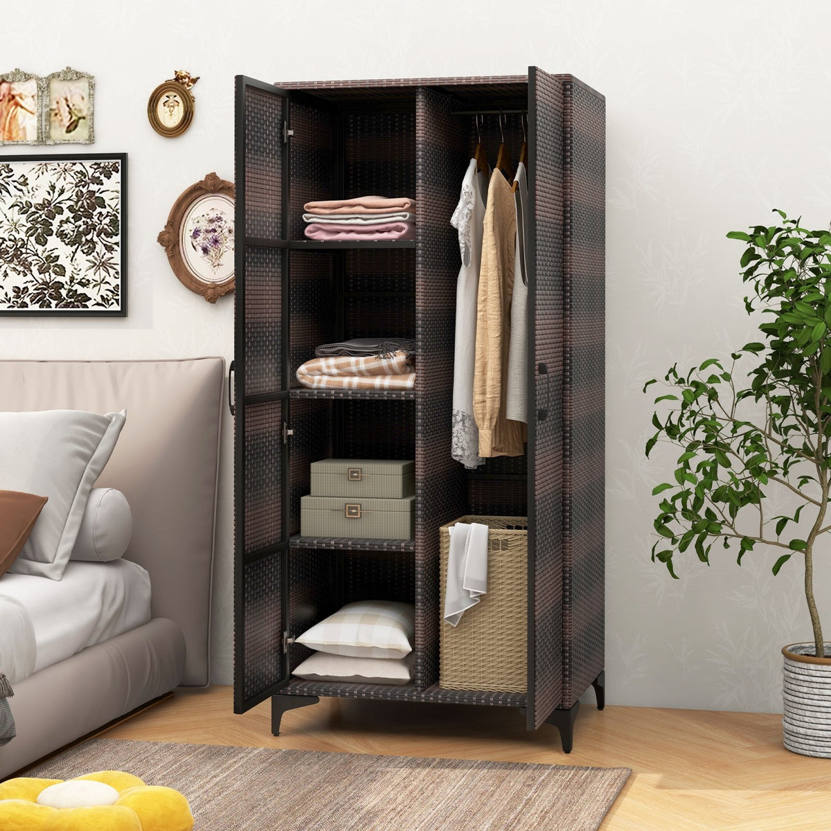 62 Inch Wicker Wardrobe with 2 Doors PE Rattan Closet with Hanging Rod-Brown view 2