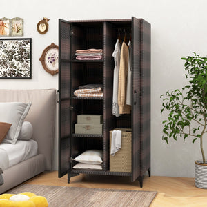 62 Inch Wicker Wardrobe with 2 Doors PE Rattan Closet with Hanging Rod-Brown view 2