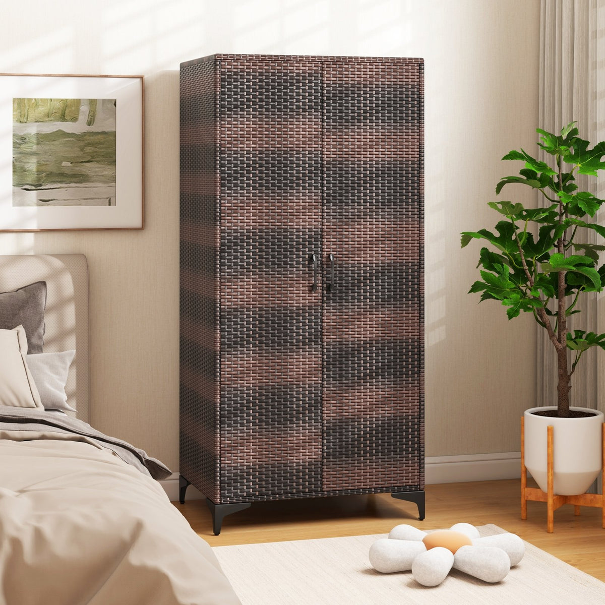 62 Inch Wicker Wardrobe with 2 Doors PE Rattan Closet with Hanging Rod-Brown view 3