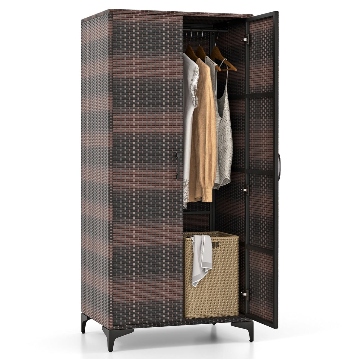 62 Inch Wicker Wardrobe with 2 Doors PE Rattan Closet with Hanging Rod-Brown view 4