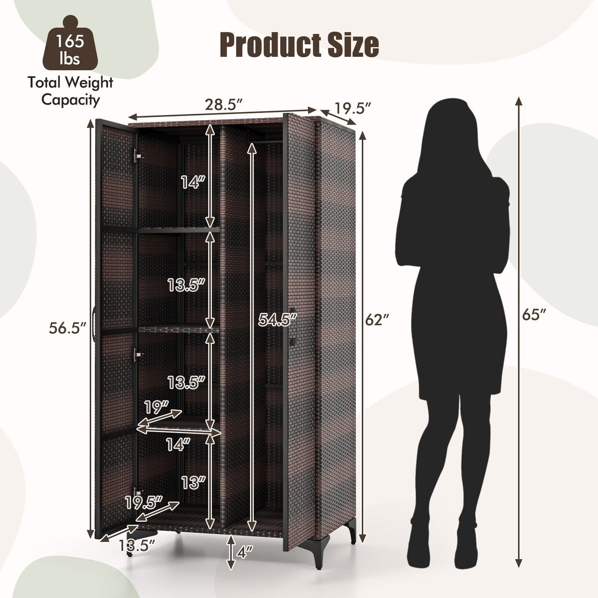 62 Inch Wicker Wardrobe with 2 Doors PE Rattan Closet with Hanging Rod-Brown view 5