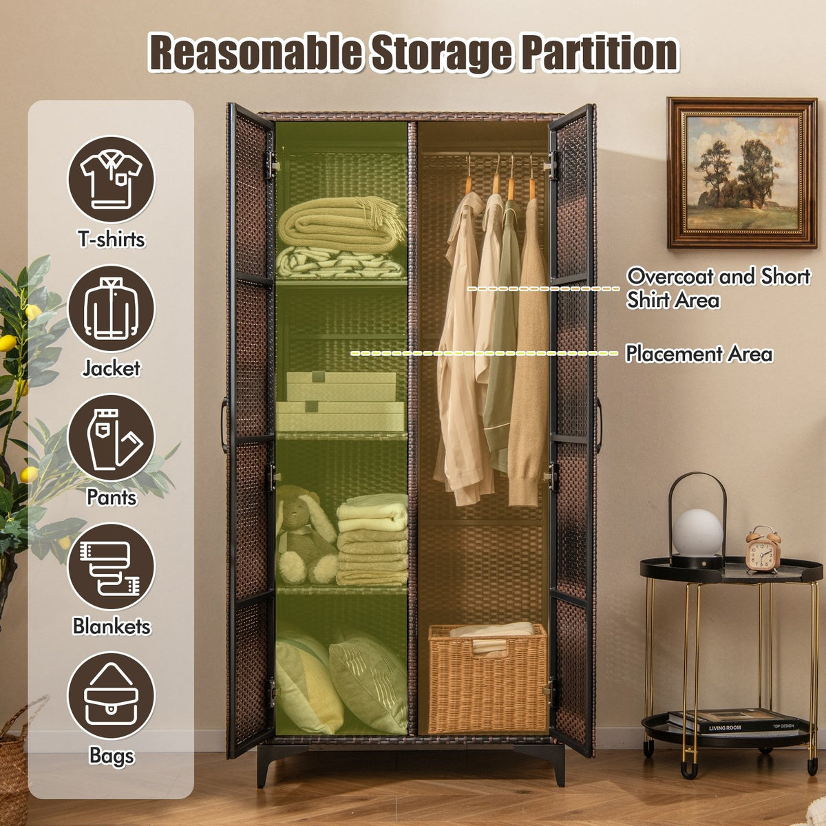 62 Inch Wicker Wardrobe with 2 Doors PE Rattan Closet with Hanging Rod-Brown view 6