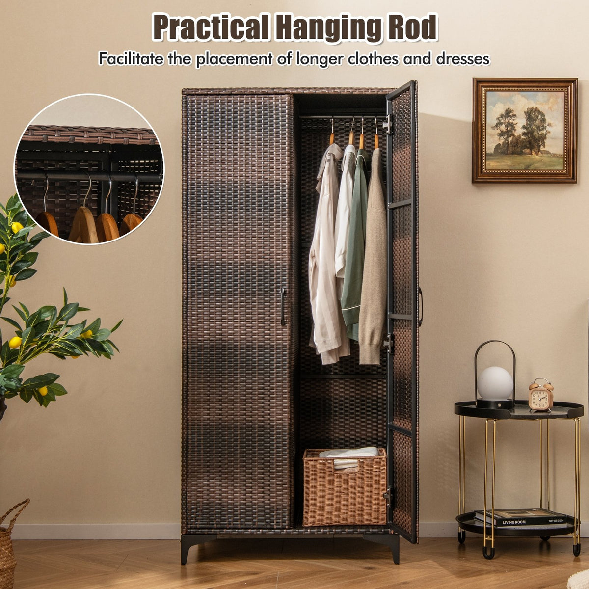 62 Inch Wicker Wardrobe with 2 Doors PE Rattan Closet with Hanging Rod-Brown view 7