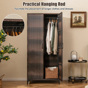 62 Inch Wicker Wardrobe with 2 Doors PE Rattan Closet with Hanging Rod-Brown view 7