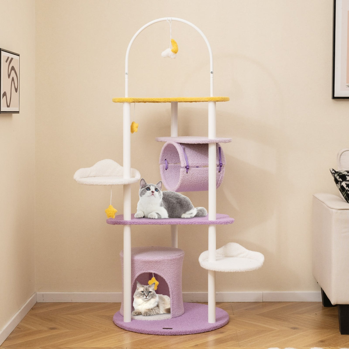 62 Inches Large Cat Tower with Metal Frame and Jumping Platforms-Purple view 3