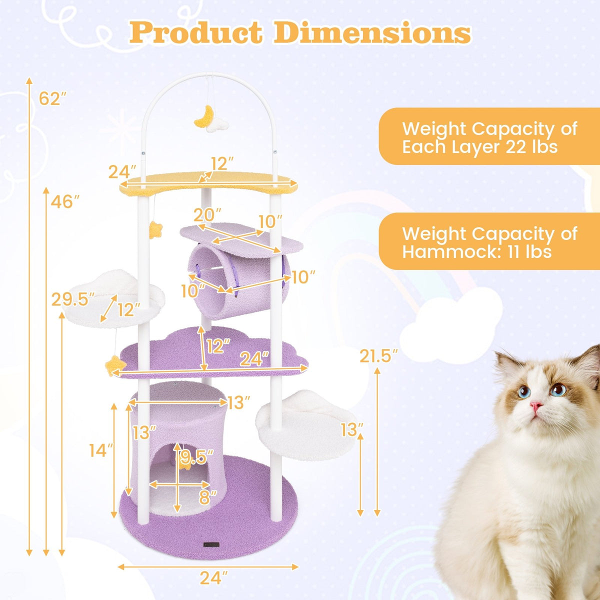 62 Inches Large Cat Tower with Metal Frame and Jumping Platforms-Purple view 5