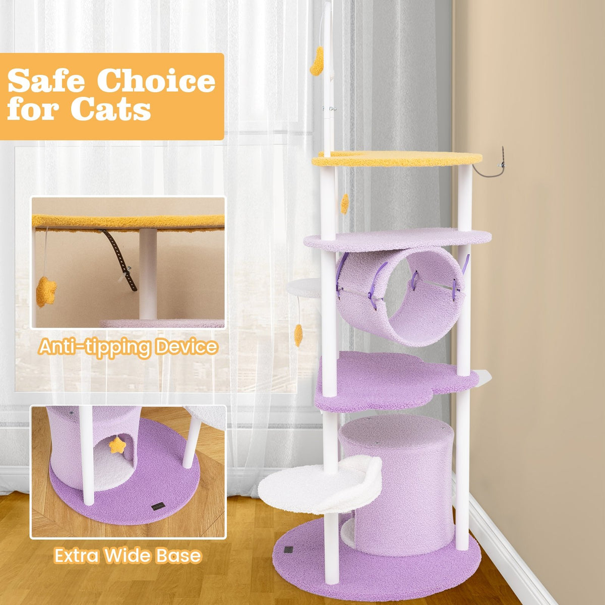 62 Inches Large Cat Tower with Metal Frame and Jumping Platforms-Purple view 7