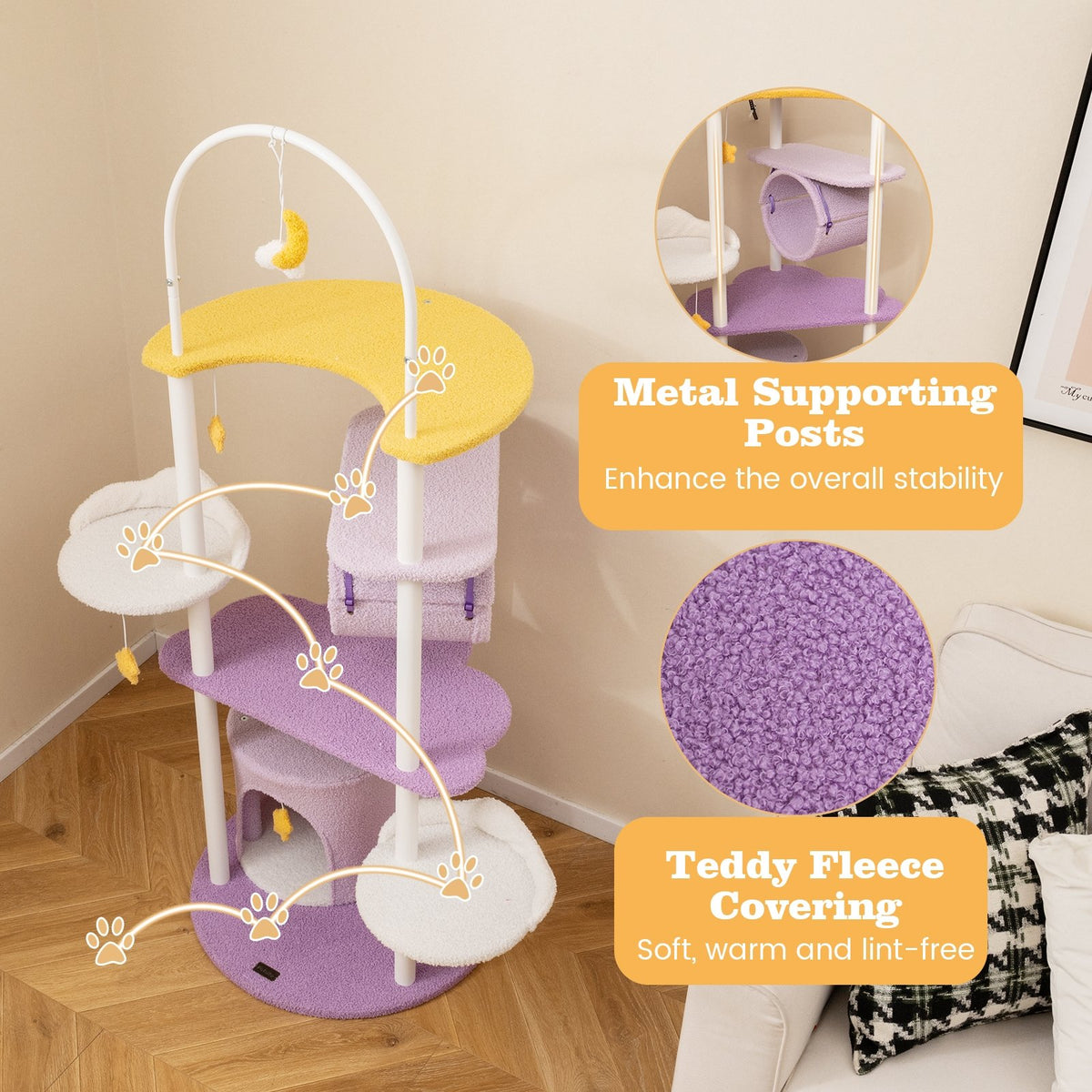 62 Inches Large Cat Tower with Metal Frame and Jumping Platforms-Purple view 8