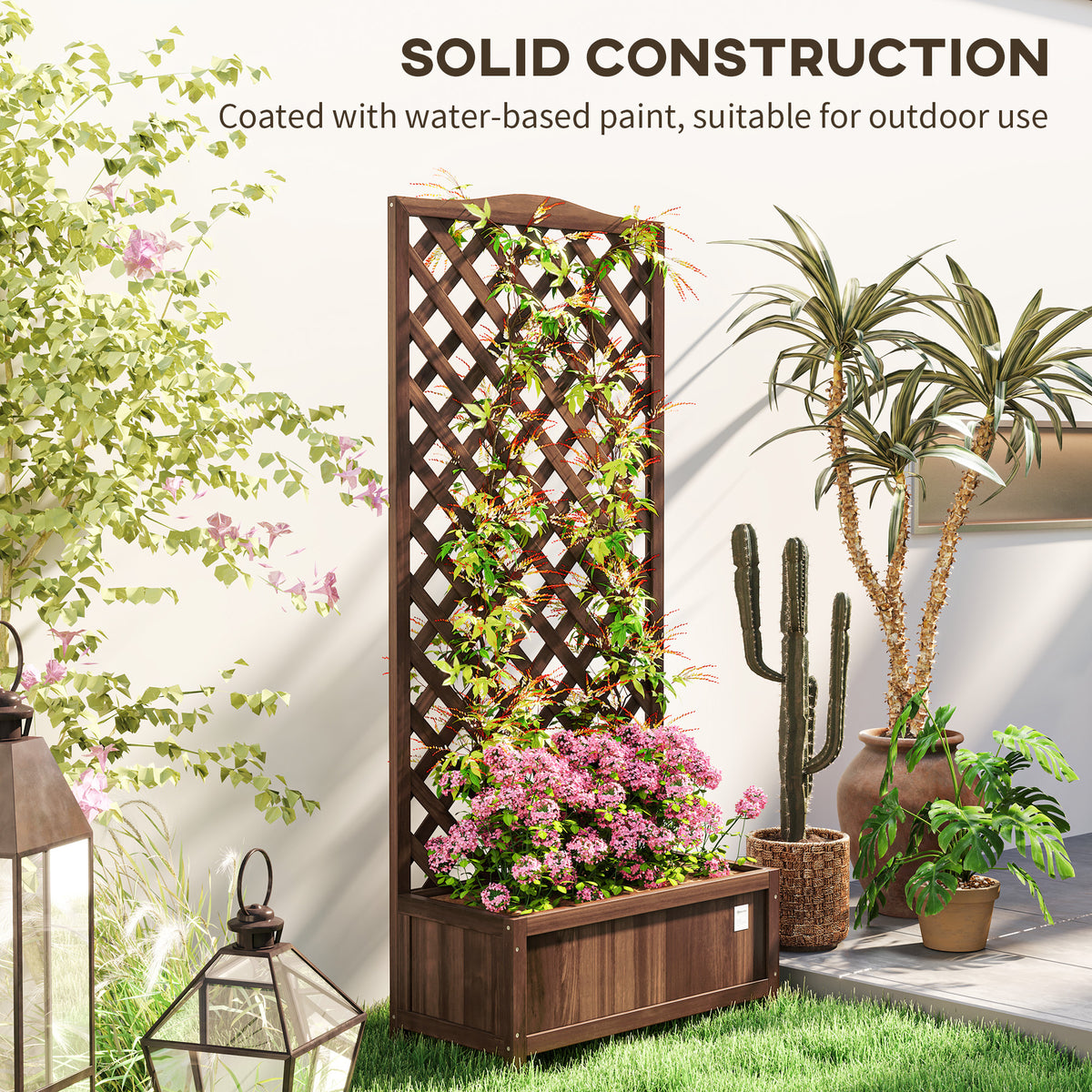 Wood Planter with Trellis, Raised Garden Bed to Grow Vegetables for Backyard, 30" x 14" x 67", Dark Brown