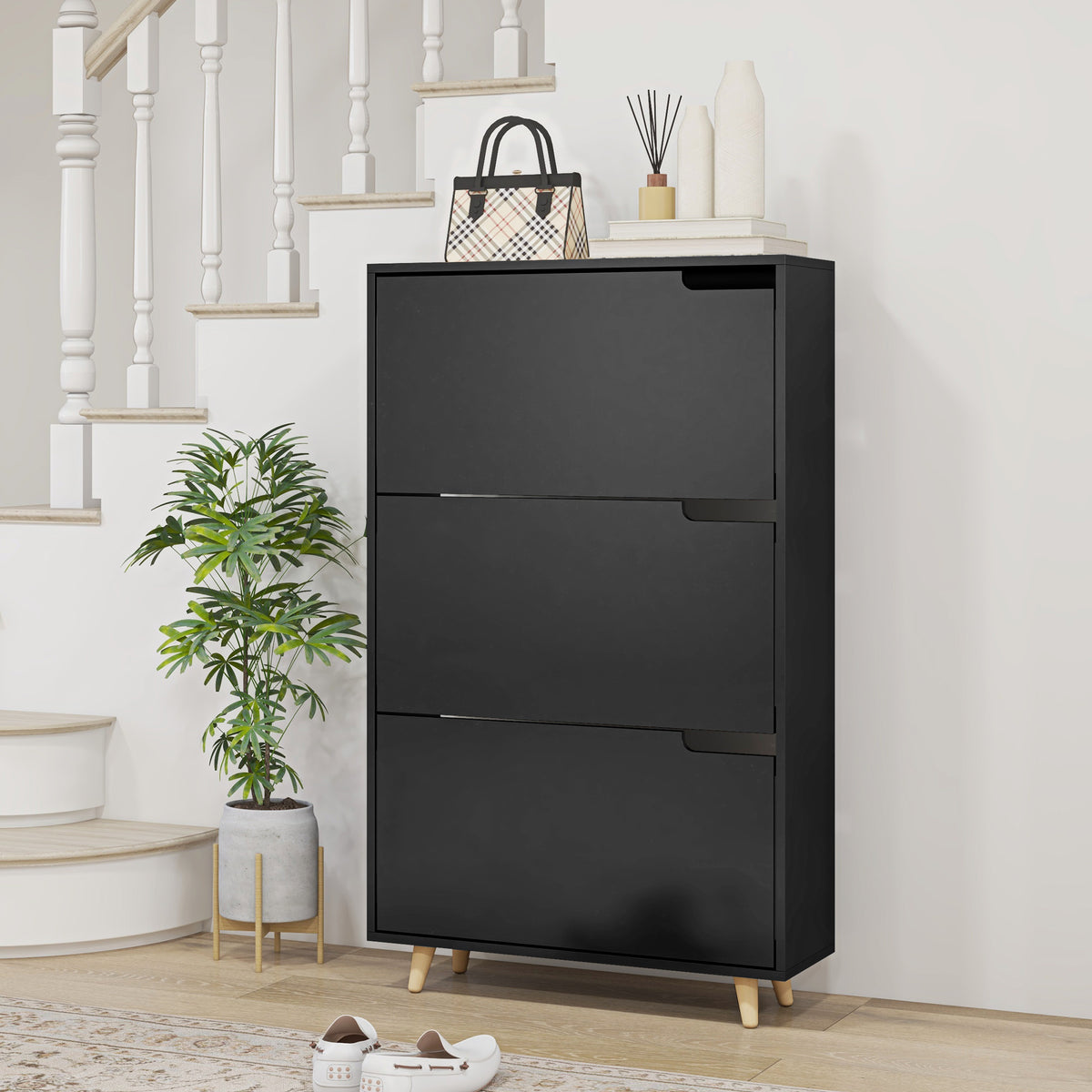 Slim Shoe Storage Cabinet with 3 Flip Drawers and Adjustable Shelves, Shoe Cabinet for 18-24 Pairs, Black – view 7