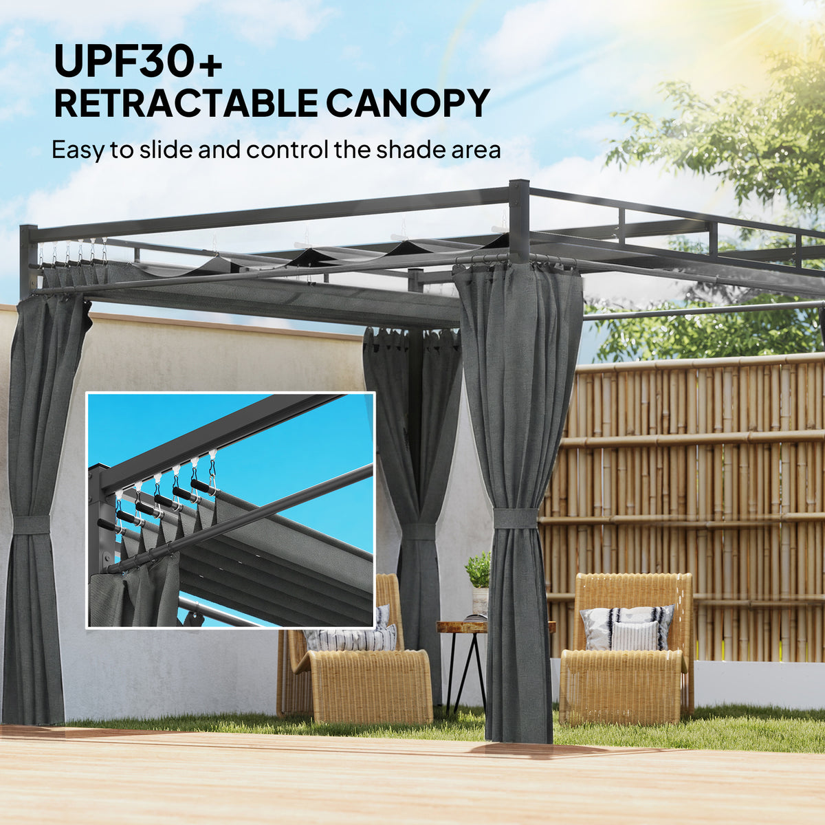 10' x 10' Outdoor Gazebo, Retractable Pergola Canopy with Curtains, UPF30+ Free Standing Metal Pergola Kit – view 10