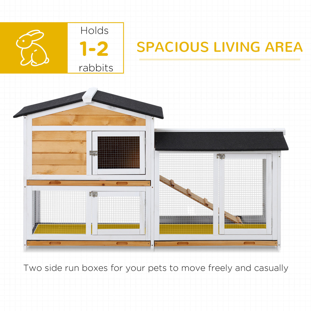 2-tier Wood Rabbit Hutch Backyard Bunny Cage Small Animal House w/ Ramp and Outdoor Run, Yellow – view 4