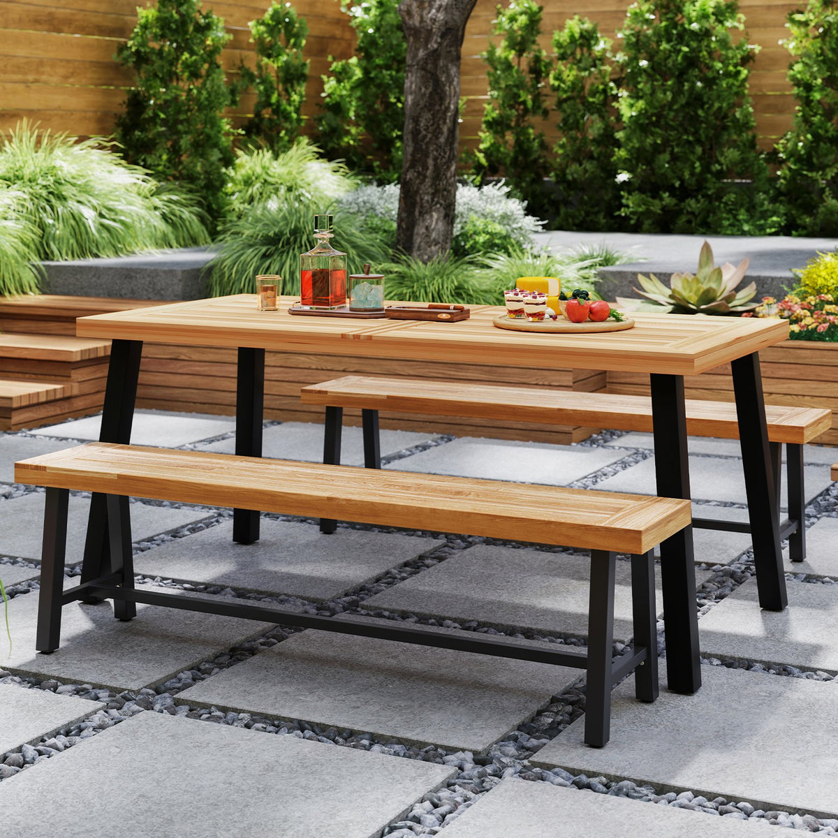 63 Inch 3-Person Acacia Patio Wood Outdoor Backless Bench-Set of 2 view 3