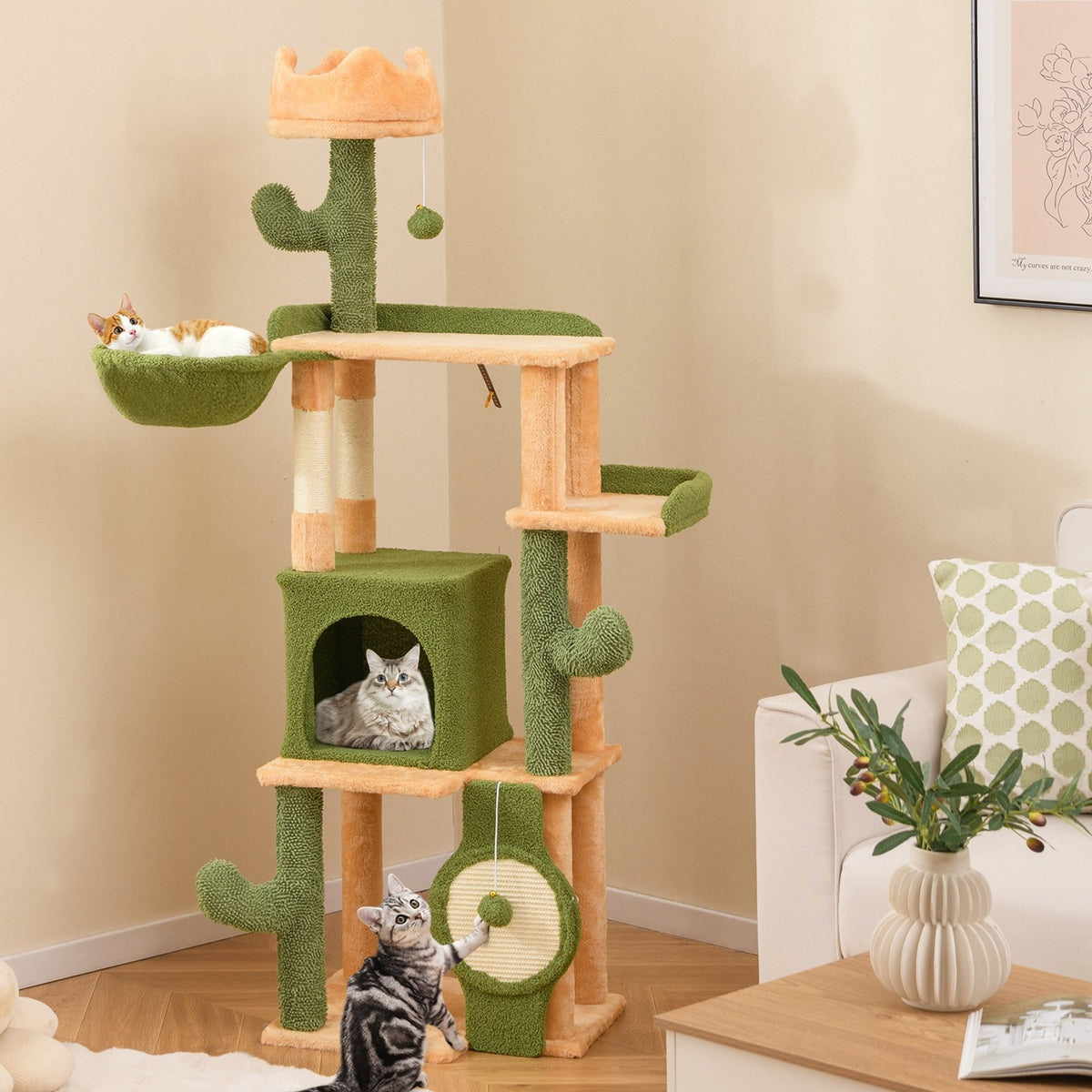 63 Inch Cactus Cat Tree with Sisal Scratching Posts and Board for Indoor Cats view 2