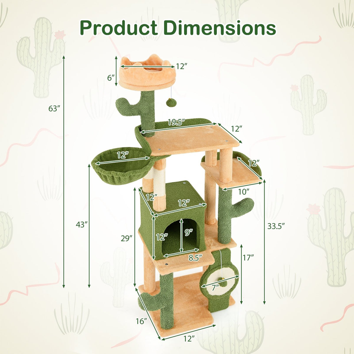 63 Inch Cactus Cat Tree with Sisal Scratching Posts and Board for Indoor Cats view 5