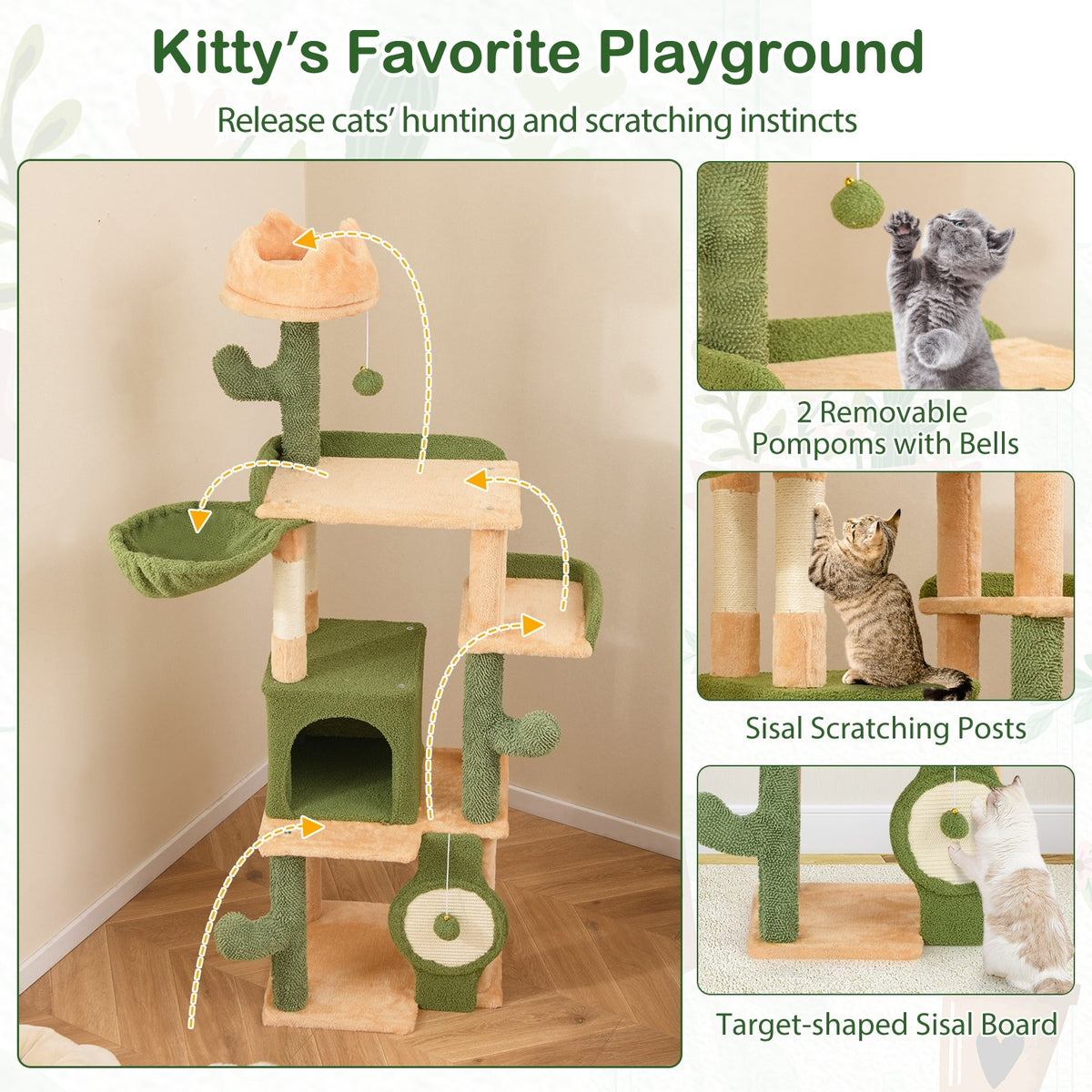 63 Inch Cactus Cat Tree with Sisal Scratching Posts and Board for Indoor Cats view 6
