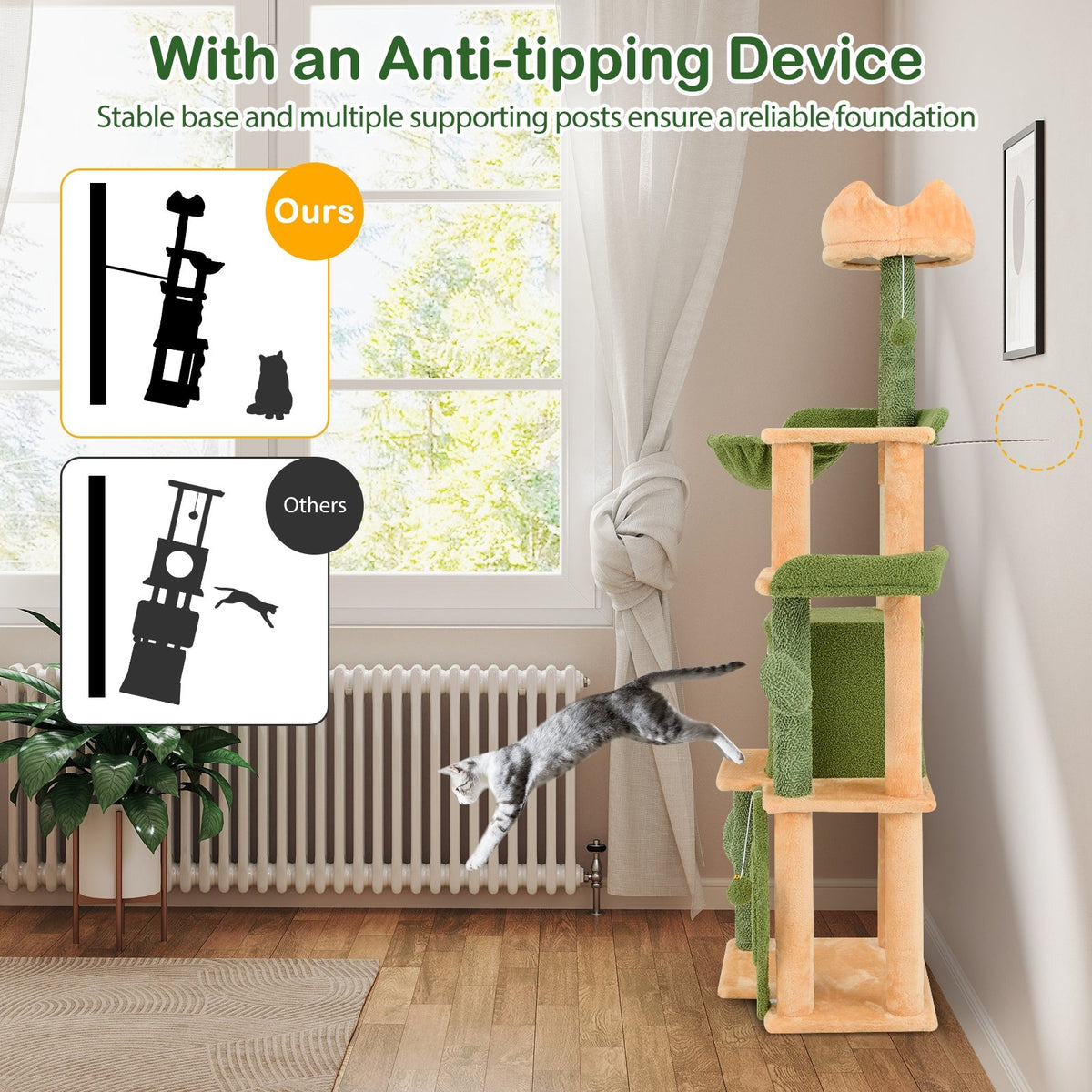 63 Inch Cactus Cat Tree with Sisal Scratching Posts and Board for Indoor Cats view 7
