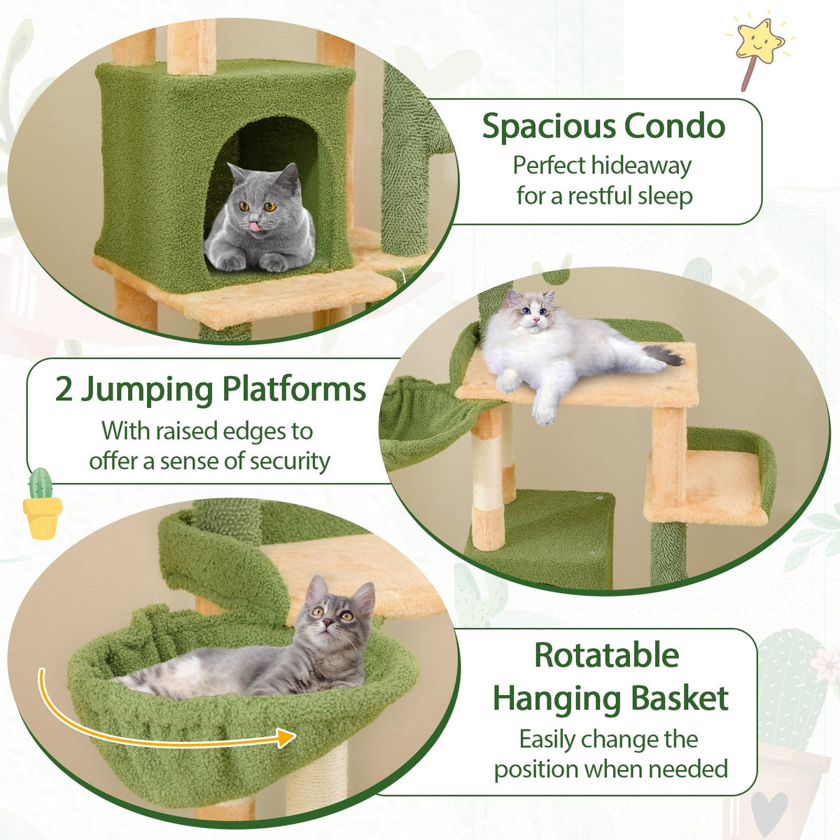 63 Inch Cactus Cat Tree with Sisal Scratching Posts and Board for Indoor Cats view 9