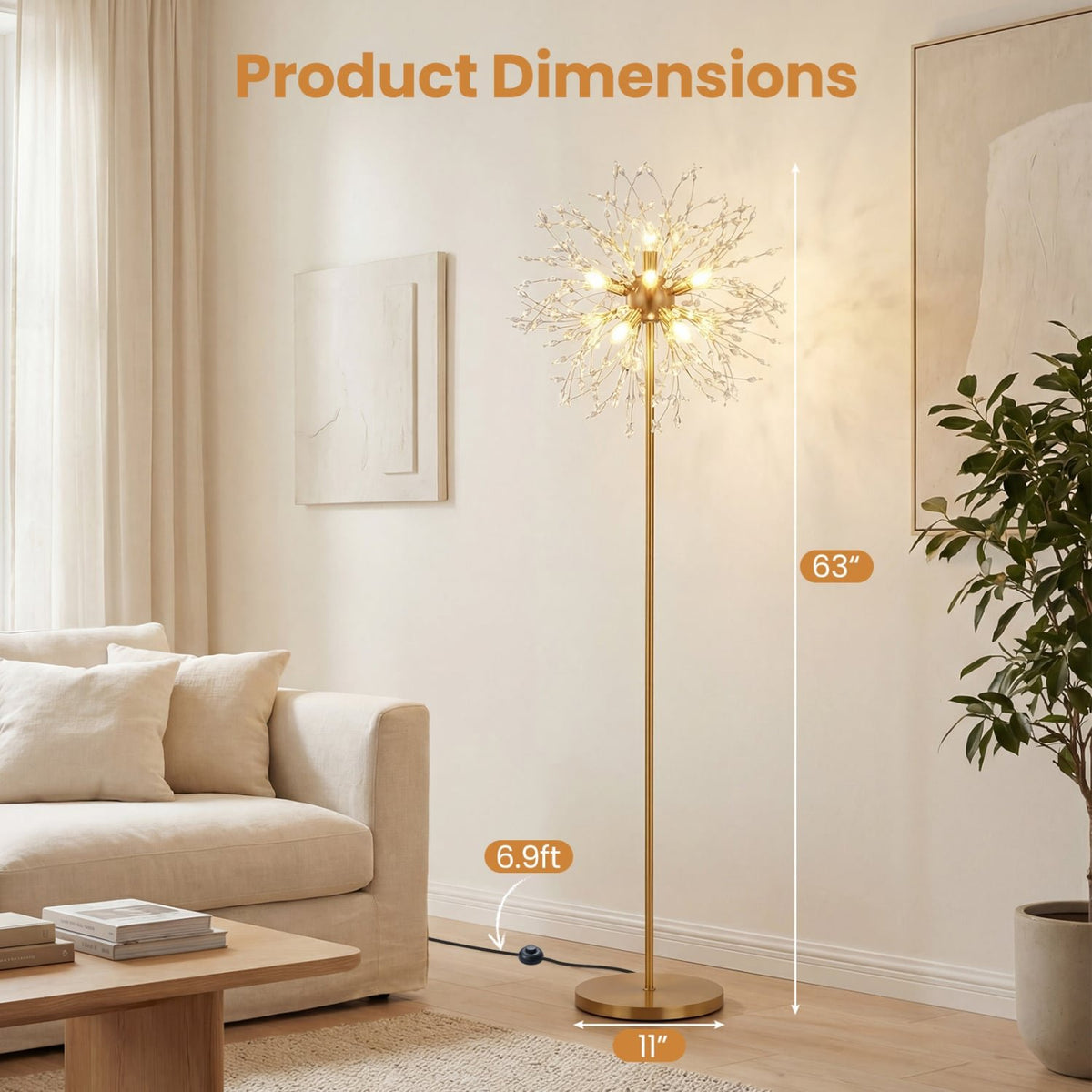63-Inch Crystal Floor Lamp with Acrylic Crystals-Gold view 4