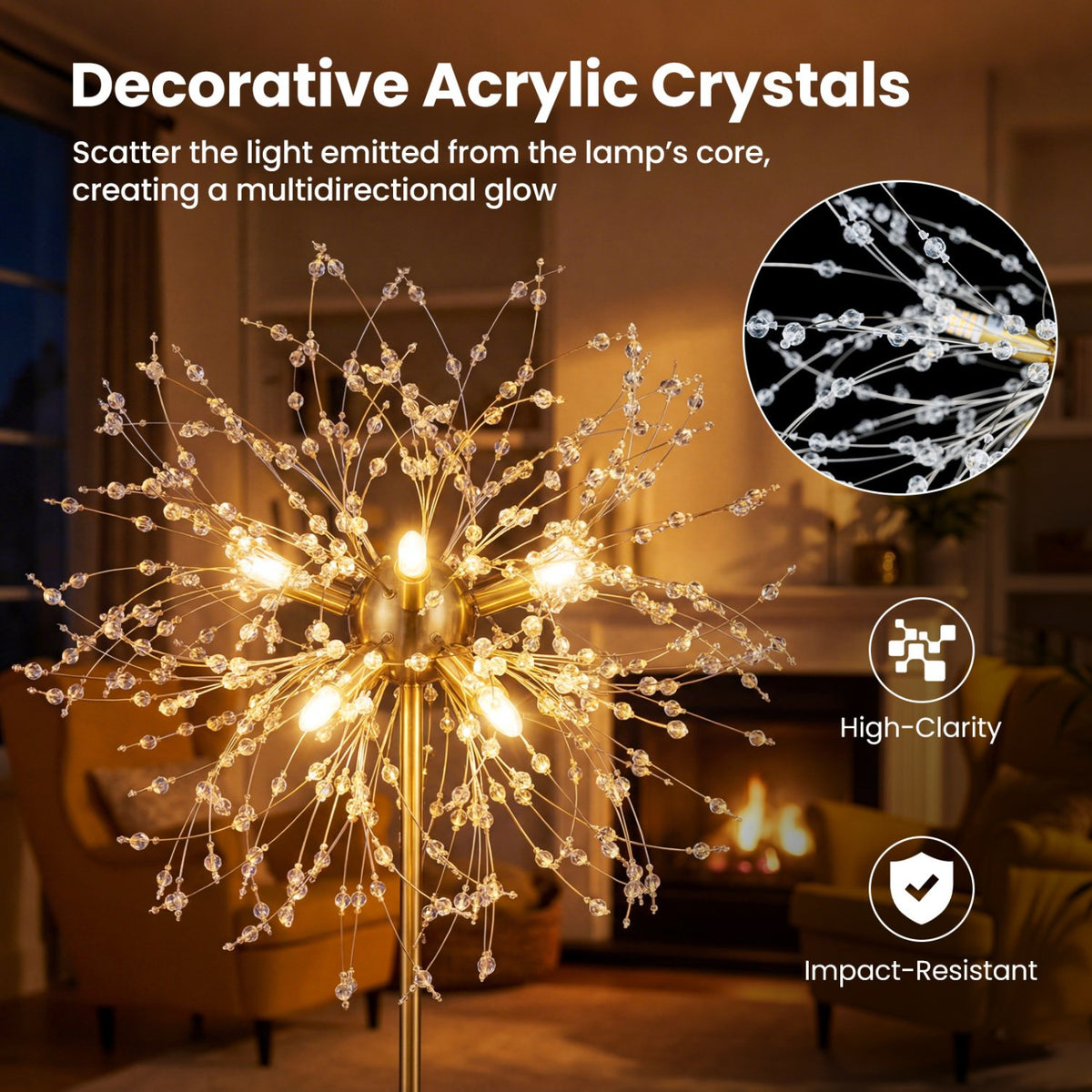 63-Inch Crystal Floor Lamp with Acrylic Crystals-Gold view 8