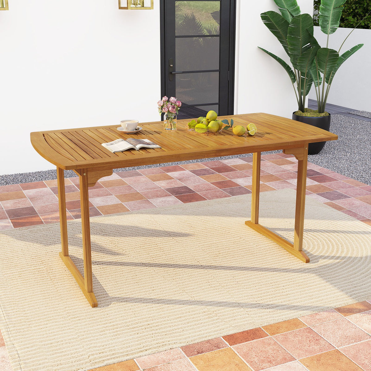 63 inch Outdoor Dining Table with Umbrella Hole and Slatted Tabletop view 2