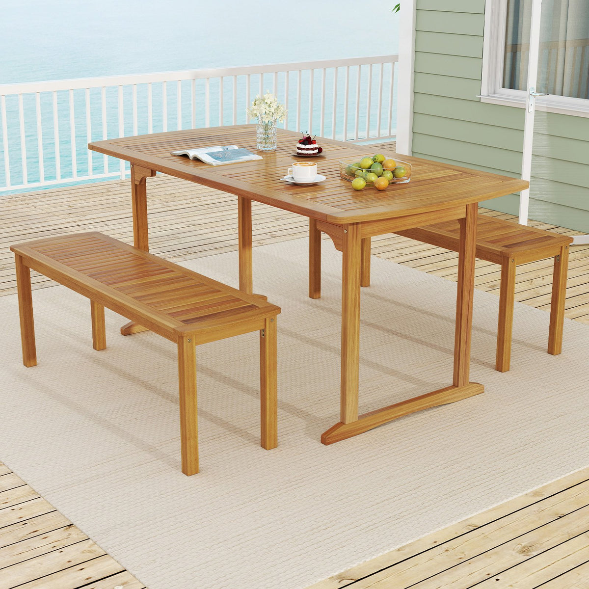 63 inch Outdoor Dining Table with Umbrella Hole and Slatted Tabletop view 5