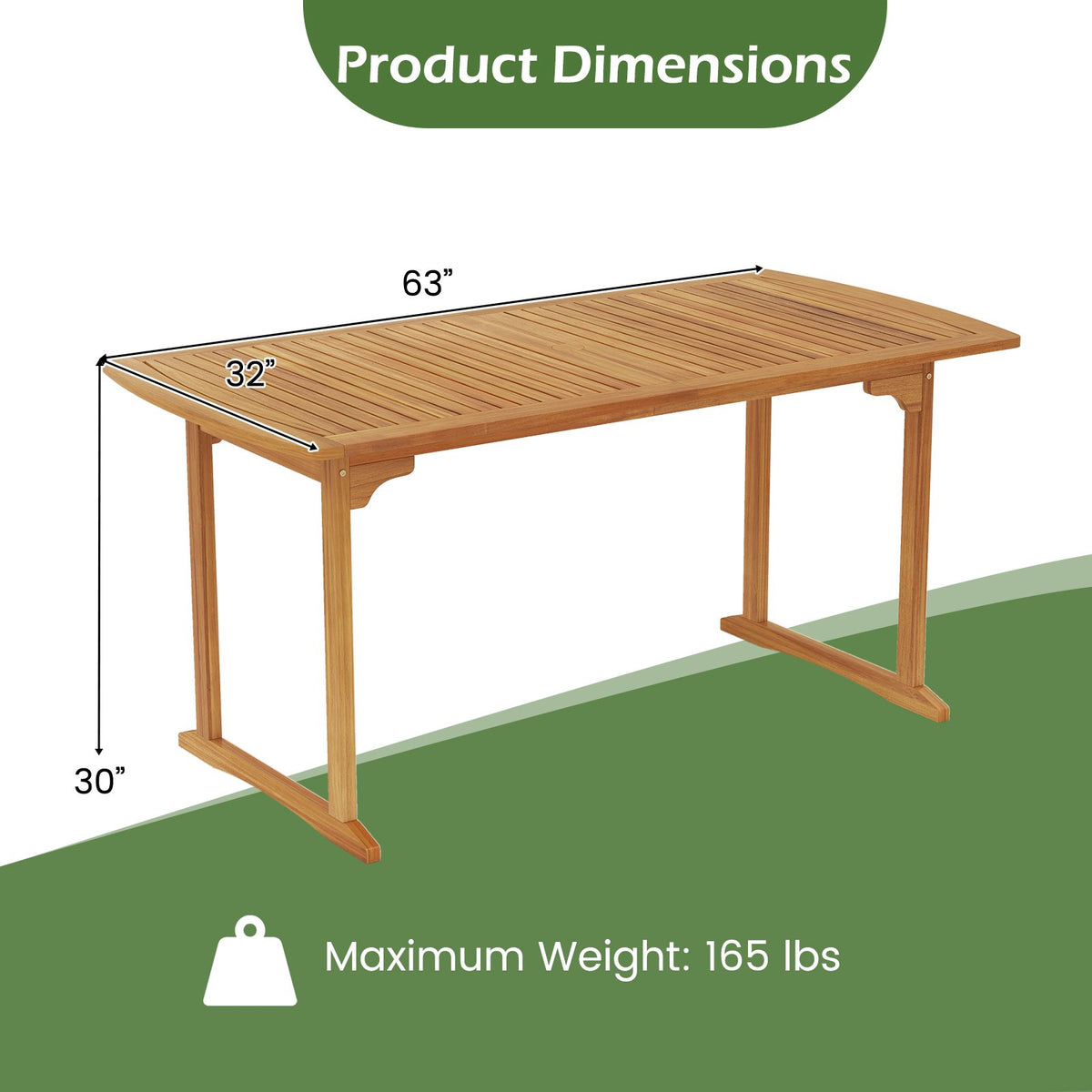 63 inch Outdoor Dining Table with Umbrella Hole and Slatted Tabletop view 9