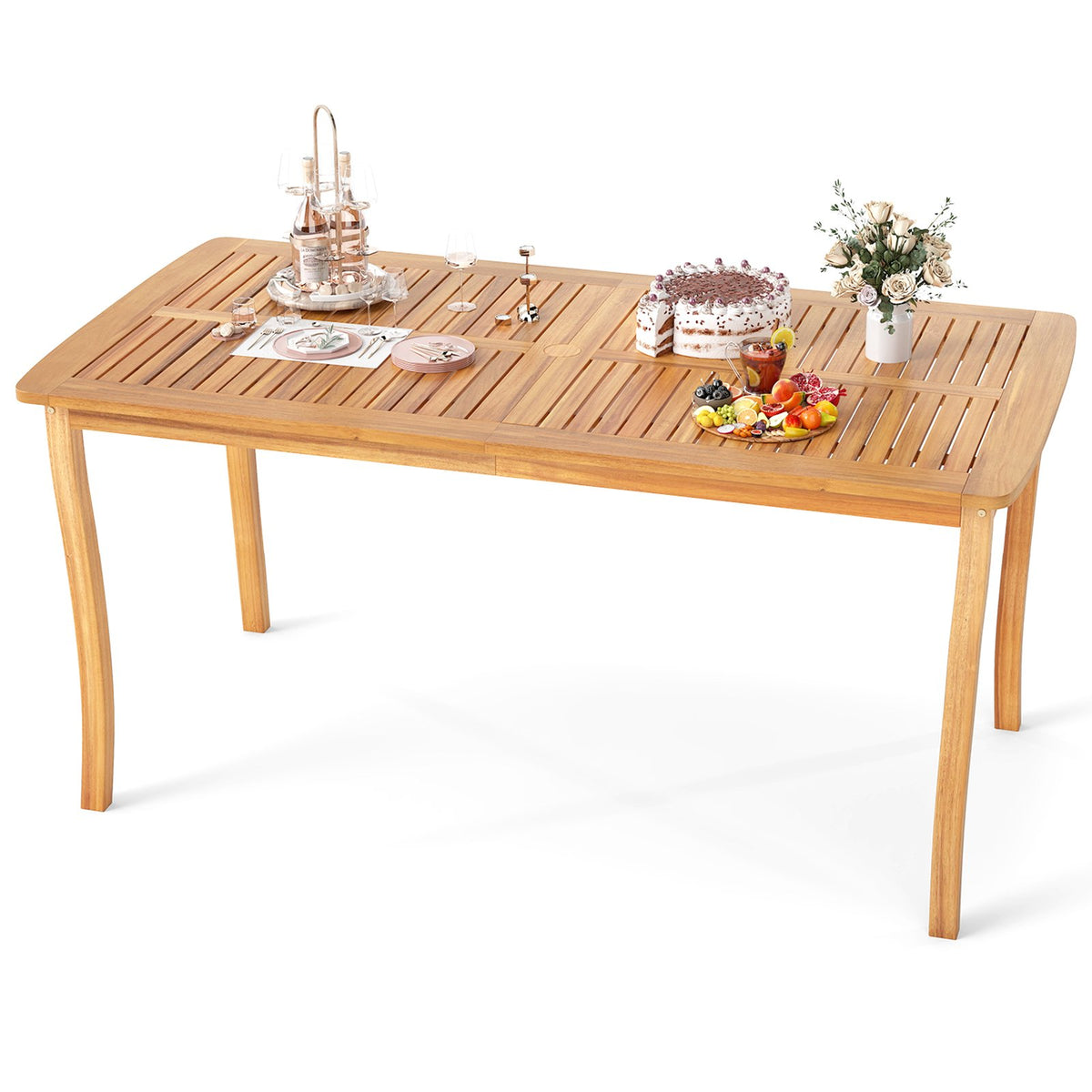 63 inch Outdoor Dining Table with Umbrella Hole Farmhouse Bistro Dinette Furniture view 4