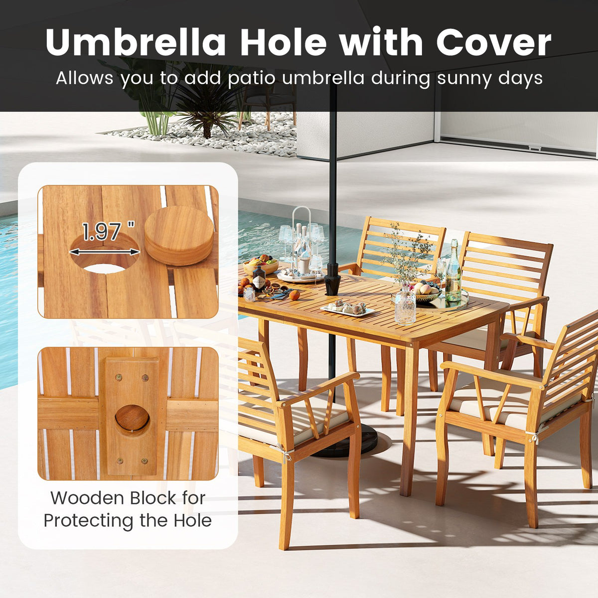 63 inch Outdoor Dining Table with Umbrella Hole Farmhouse Bistro Dinette Furniture view 6