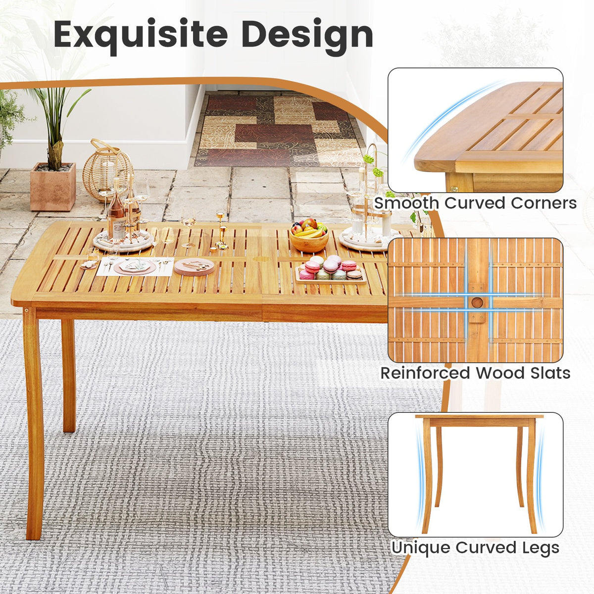 63 inch Outdoor Dining Table with Umbrella Hole Farmhouse Bistro Dinette Furniture view 9