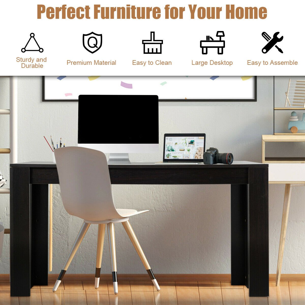 63 Inch Rectangular Modern Dining Kitchen Table for 6 People-Black view 6