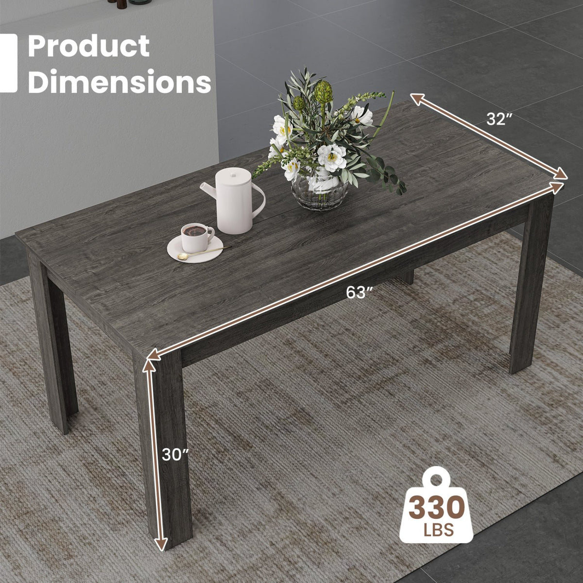 63 Inch Rectangular Modern Dining Kitchen Table-Gray view 4
