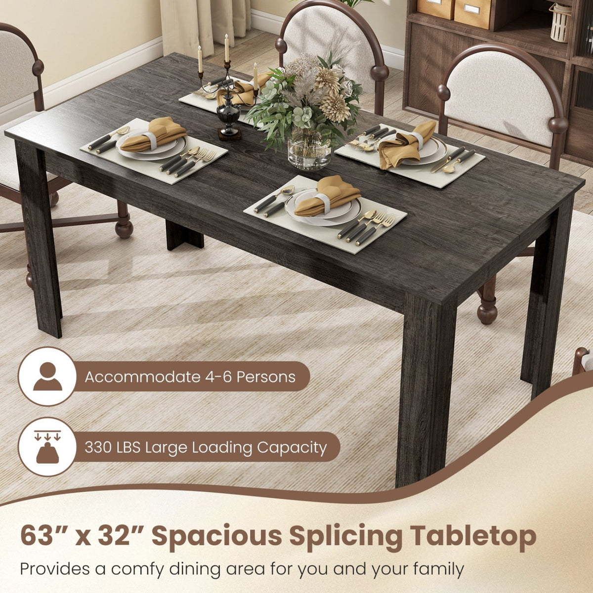63 Inch Rectangular Modern Dining Kitchen Table-Gray view 5