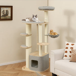 63 Inch Tall Cat Tree Modern Wooden Cat Tower with Perch Condo Hammock-Gray view 2