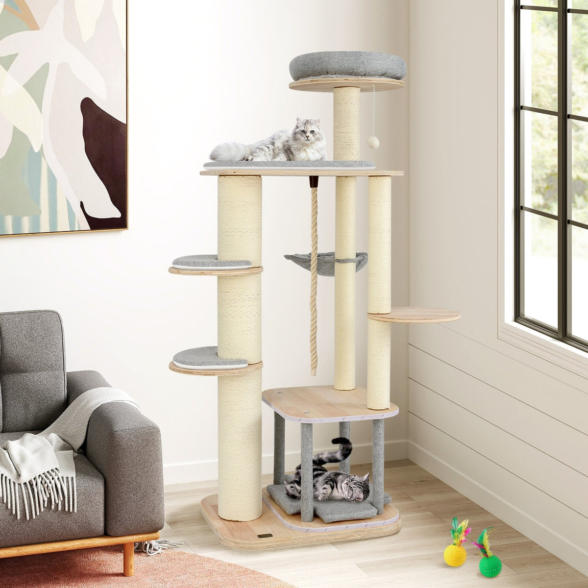 63 Inch Tall Cat Tree Modern Wooden Cat Tower with Perch Condo Hammock-Gray view 3
