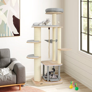 63 Inch Tall Cat Tree Modern Wooden Cat Tower with Perch Condo Hammock-Gray view 3