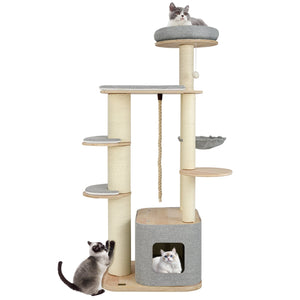 63 Inch Tall Cat Tree Modern Wooden Cat Tower with Perch Condo Hammock-Gray view 4