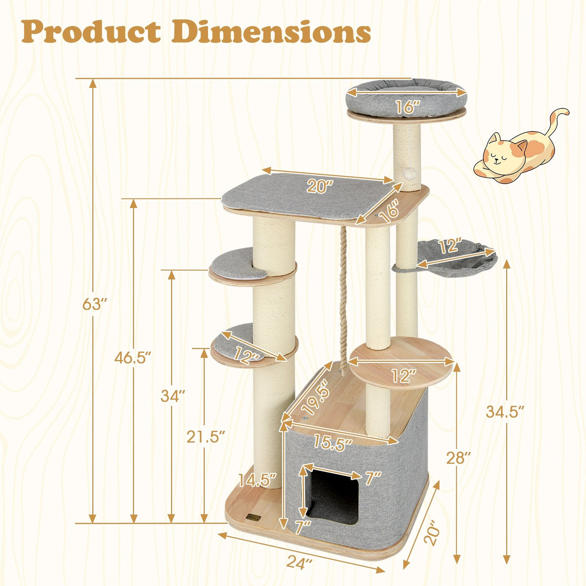 63 Inch Tall Cat Tree Modern Wooden Cat Tower with Perch Condo Hammock-Gray view 5