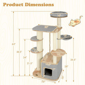 63 Inch Tall Cat Tree Modern Wooden Cat Tower with Perch Condo Hammock-Gray view 5