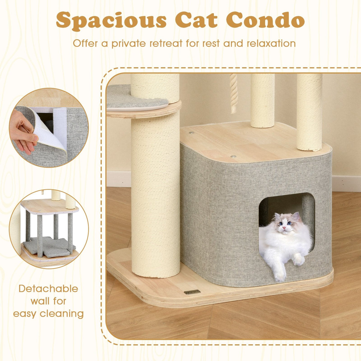 63 Inch Tall Cat Tree Modern Wooden Cat Tower with Perch Condo Hammock-Gray view 6