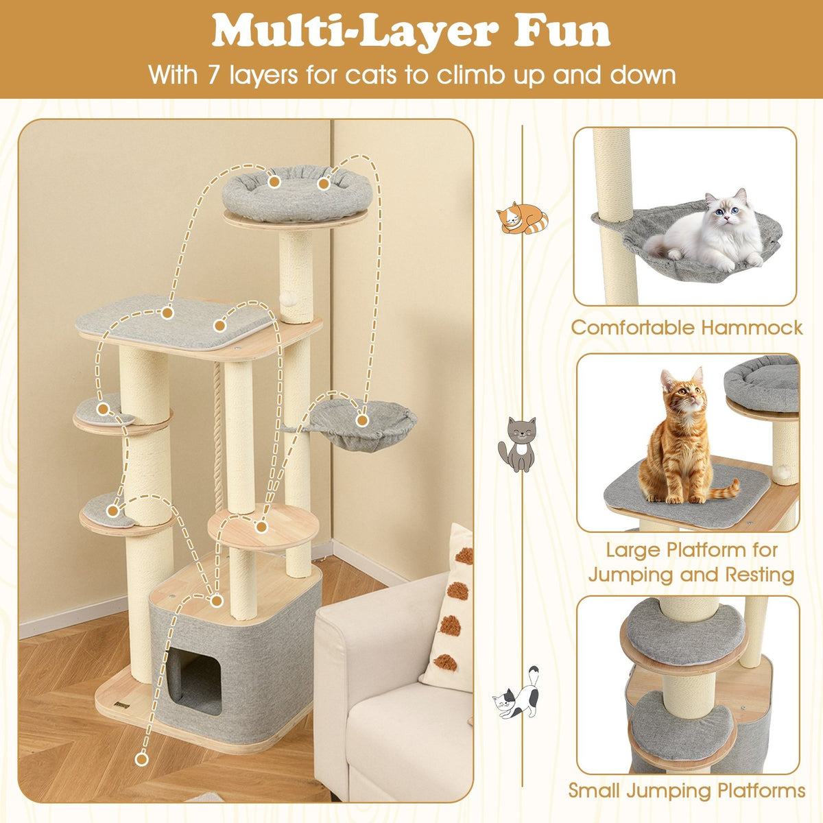 63 Inch Tall Cat Tree Modern Wooden Cat Tower with Perch Condo Hammock-Gray view 8