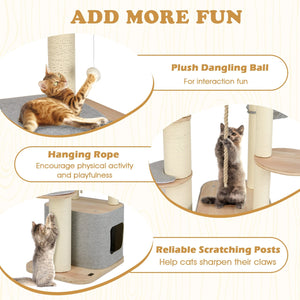 63 Inch Tall Cat Tree Modern Wooden Cat Tower with Perch Condo Hammock-Gray view 9