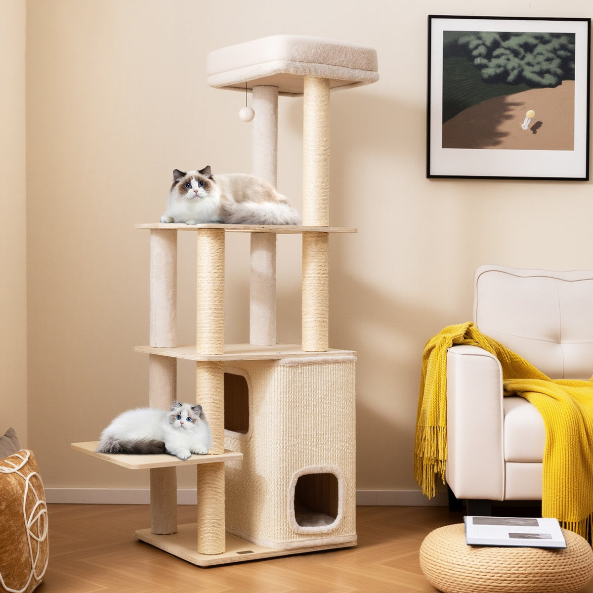 63 Inch Tall Wooden Cat Tree with 2-Story Condo and Plush Padded Top Perch-Natural view 2