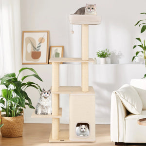 63 Inch Tall Wooden Cat Tree with 2-Story Condo and Plush Padded Top Perch-Natural view 3